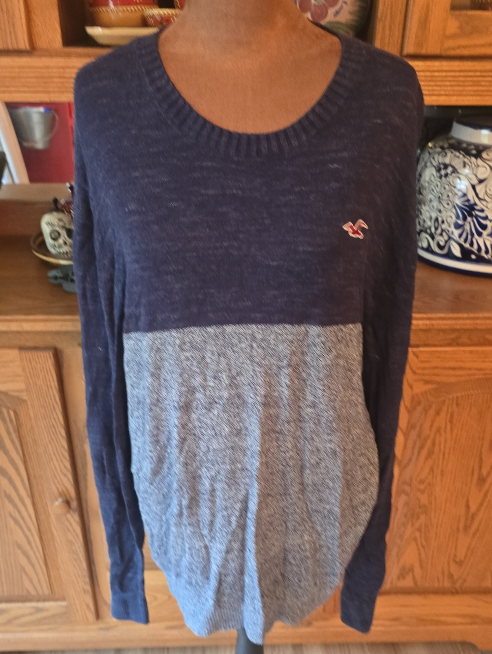 Hollister Navy and Heather Gray Colorblock Crew Neck Sweatshirt
